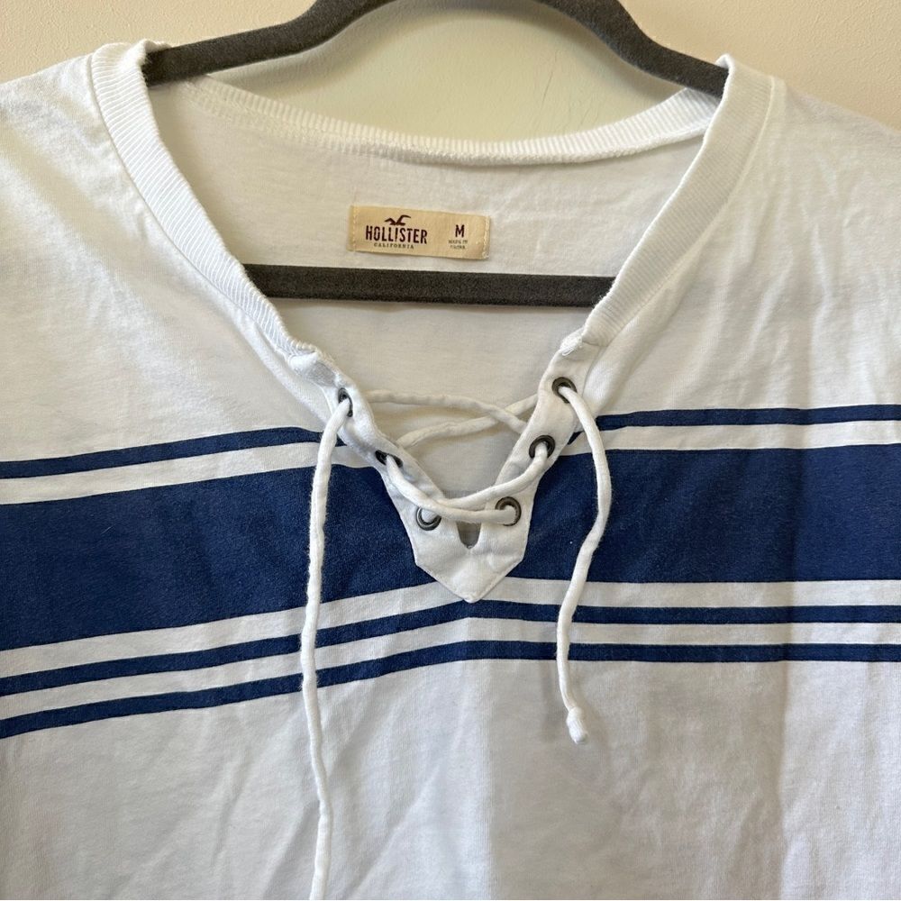 Hollister White Navy Striped Long Sleeve Lace Up Neck Crop Shirt M - Picture 10 of 12